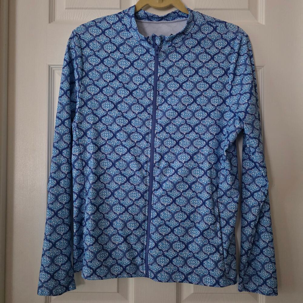 Caribbean Joe Full Zip Mock Neck Long Sleeve Rash Guard Top Size Large